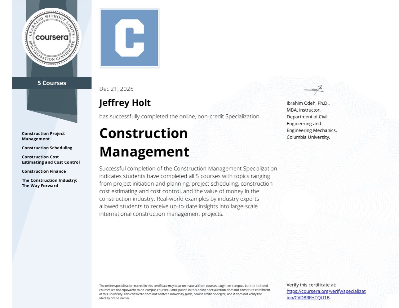 Columbia University — Construction Management Specialization Certificate